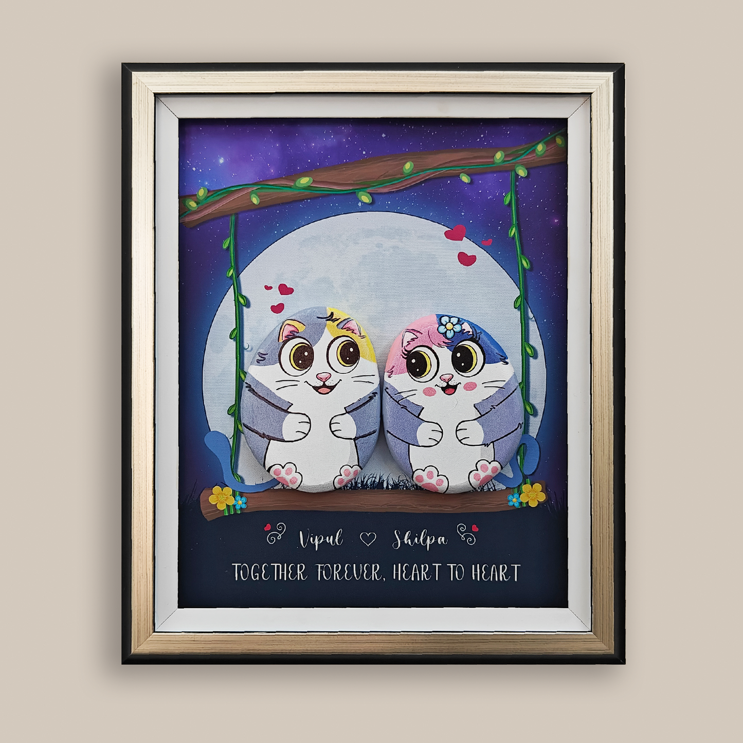 Moonlit Kittens – Unique Decorative Nameplate for Couples (12x10 Inches)
