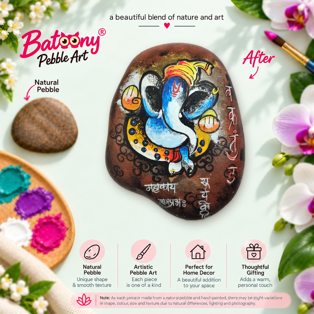 Ganesh: Auspicious Beginning hand-painted natural pebble art, full product view