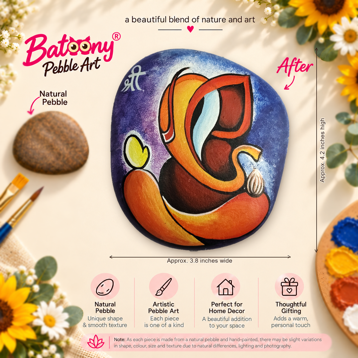 Ganesh: Sunset Harmony hand-painted natural pebble art, full product view