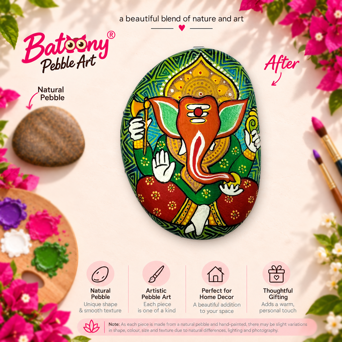 Ganesh: Emerald Temple hand-painted natural pebble art, full product view