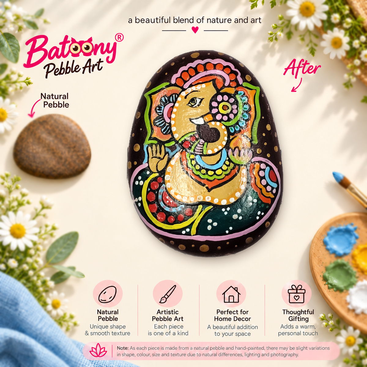 Ganesh: Joyful Offering hand-painted natural pebble art, full product view