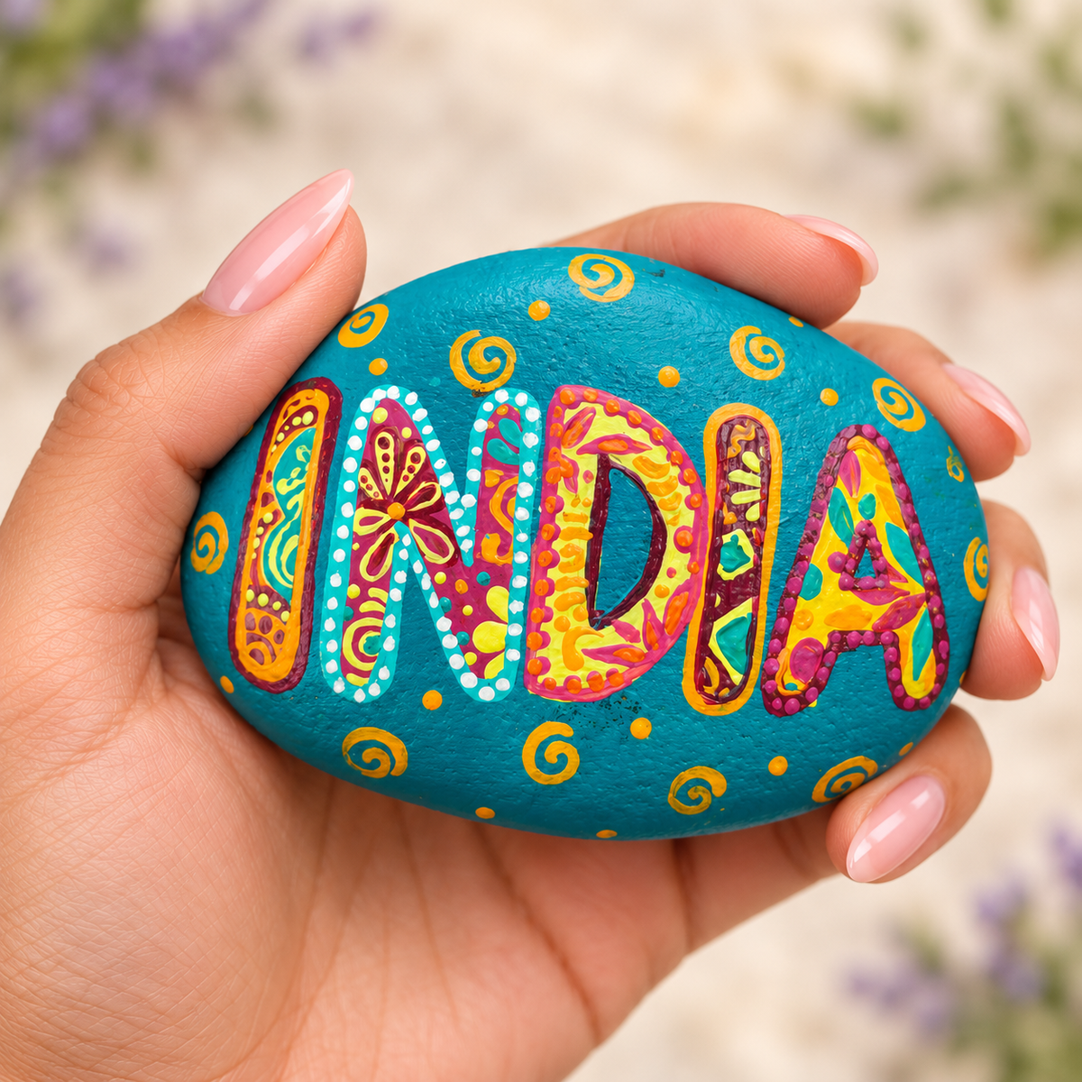 India: Peacock Stories: selected hand-painted pebble held in hand