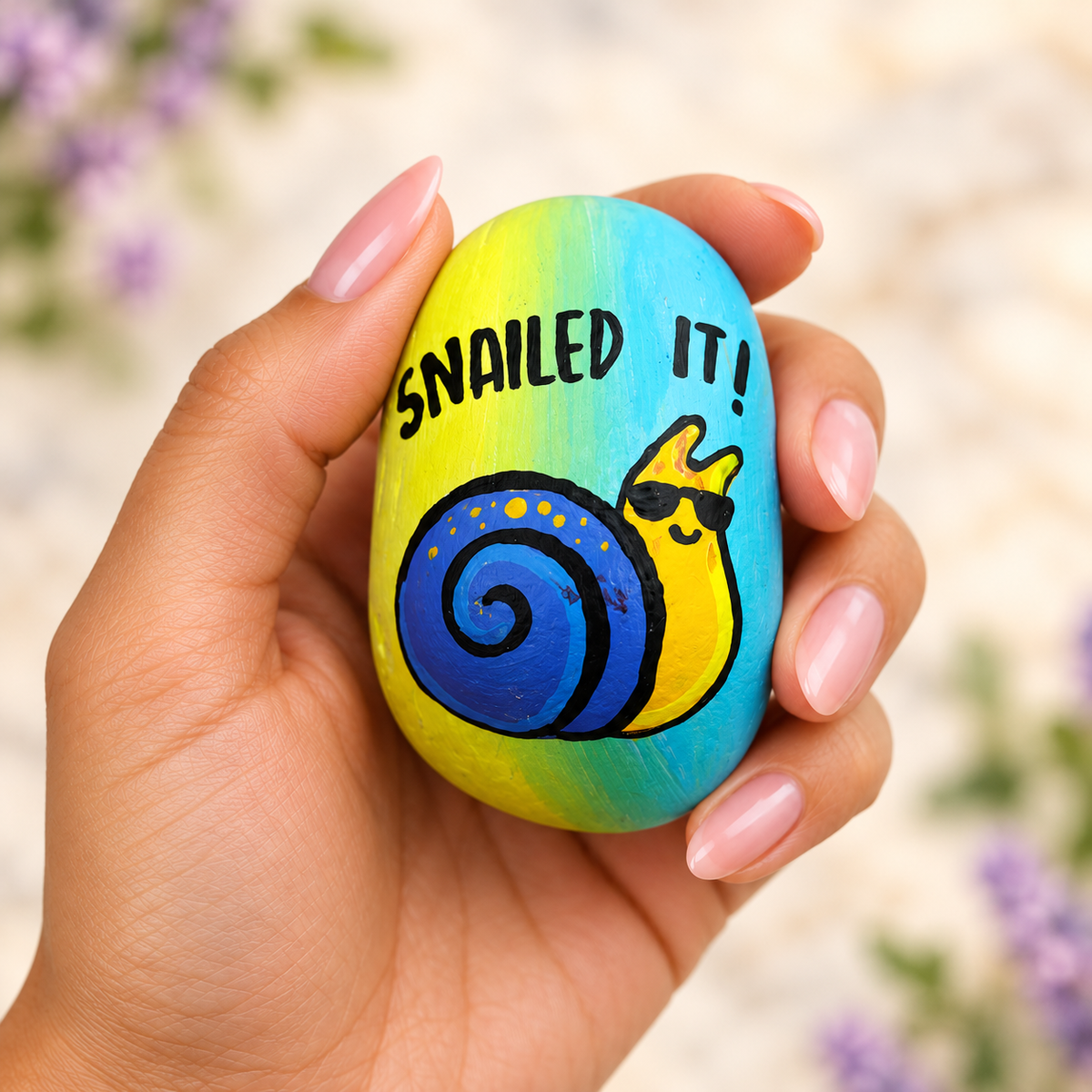 Snailed It: Caring Wishes: selected hand-painted pebble held in hand