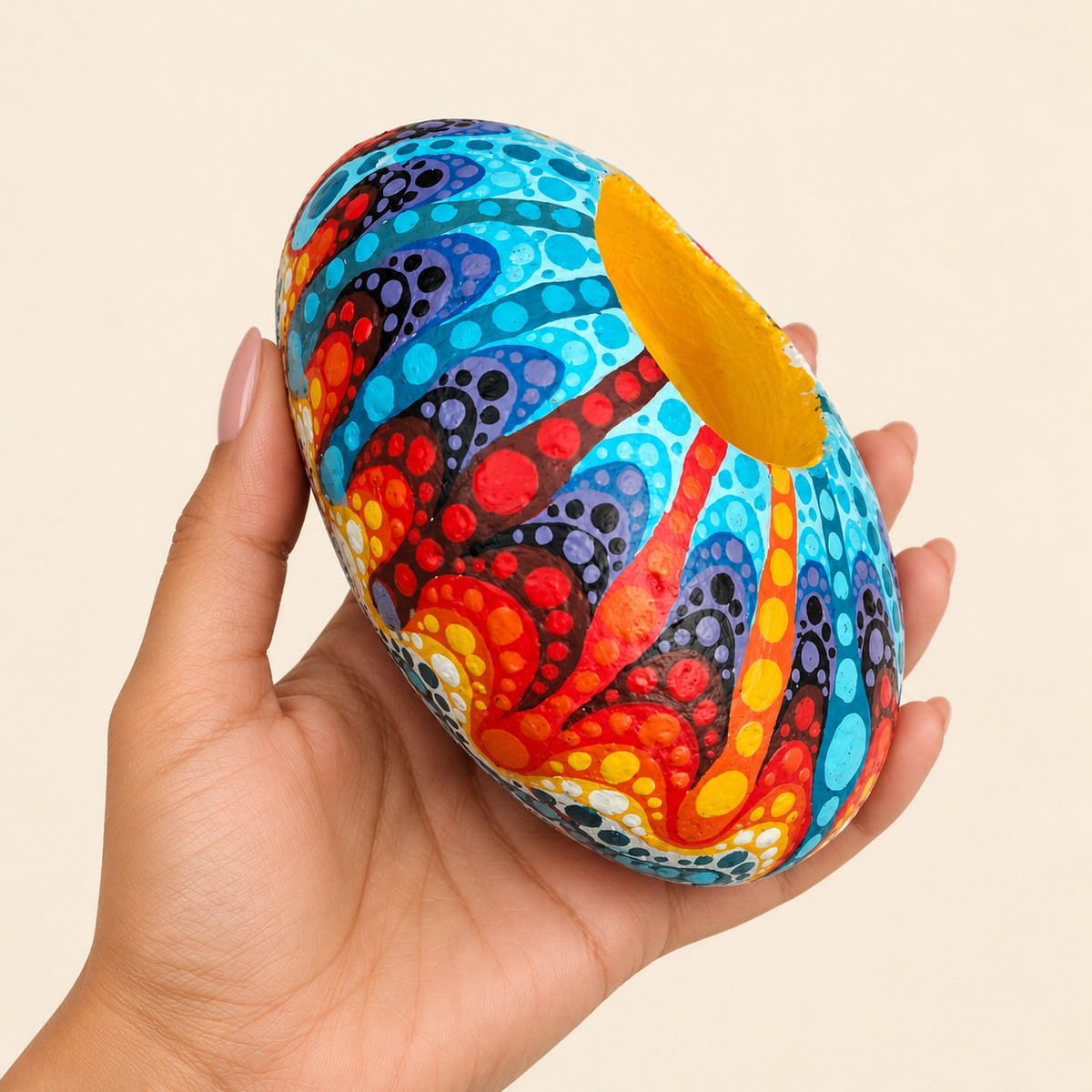 Rainbow Sunburst: Golden Glow hand-painted natural pebble tealight holder, shown in hand for scale