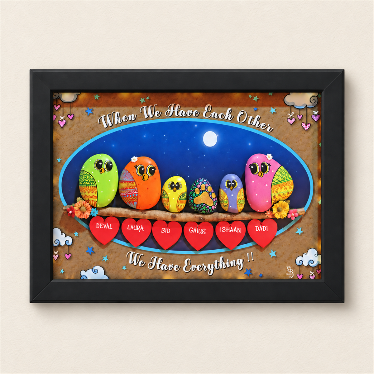 Cozy Pet-Inspired Home Pebble Art - black frame
