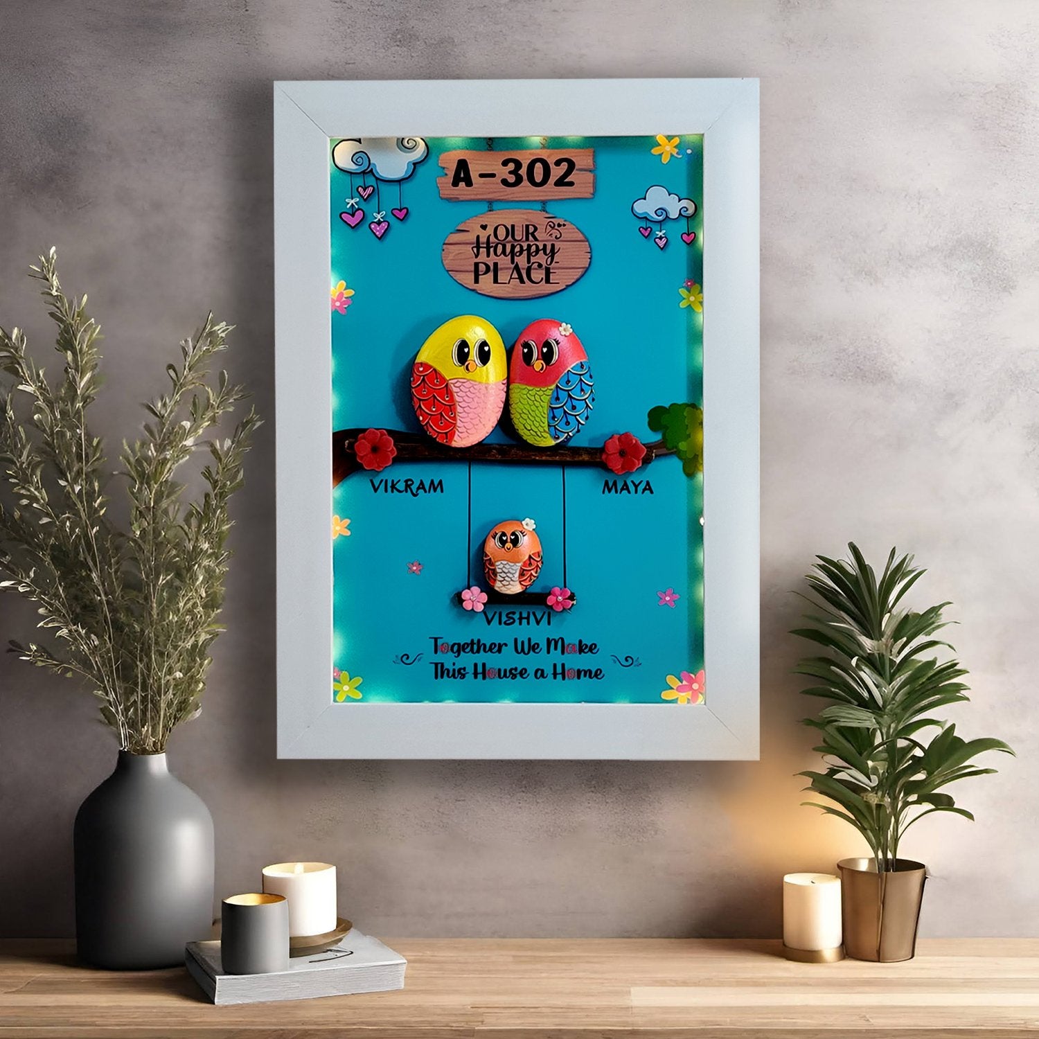 Unique gifts and decor for a family of 3 – customized pebble art, custom nameplates