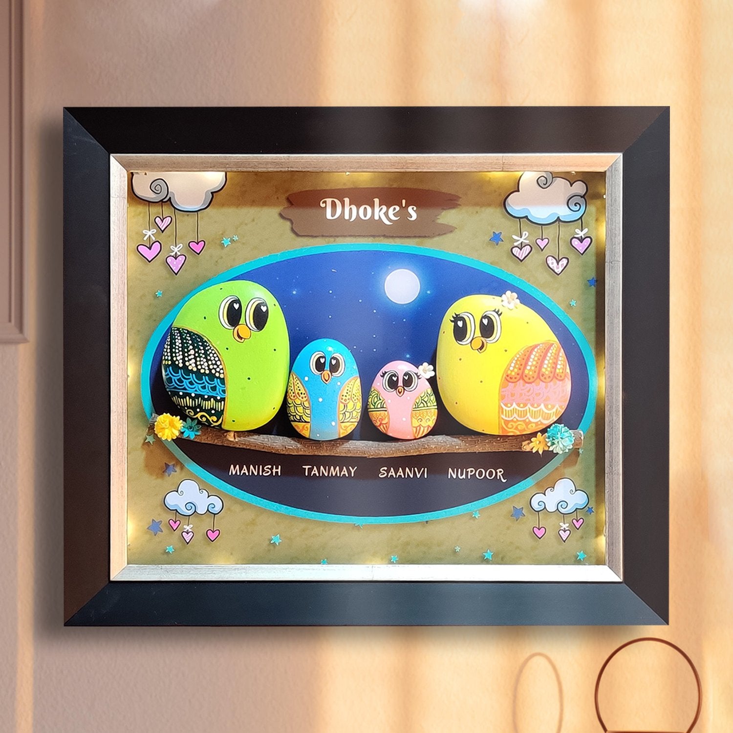 Personalized gifts & decor for a family of 4 – custom pebble art, nameplates & home accents.