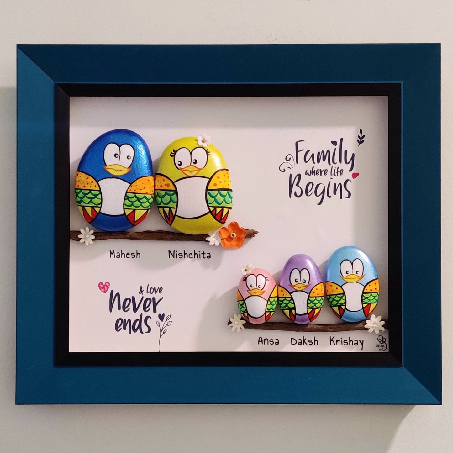 Family Of 5 on Twigs Pebble Art (14x12 Inches)