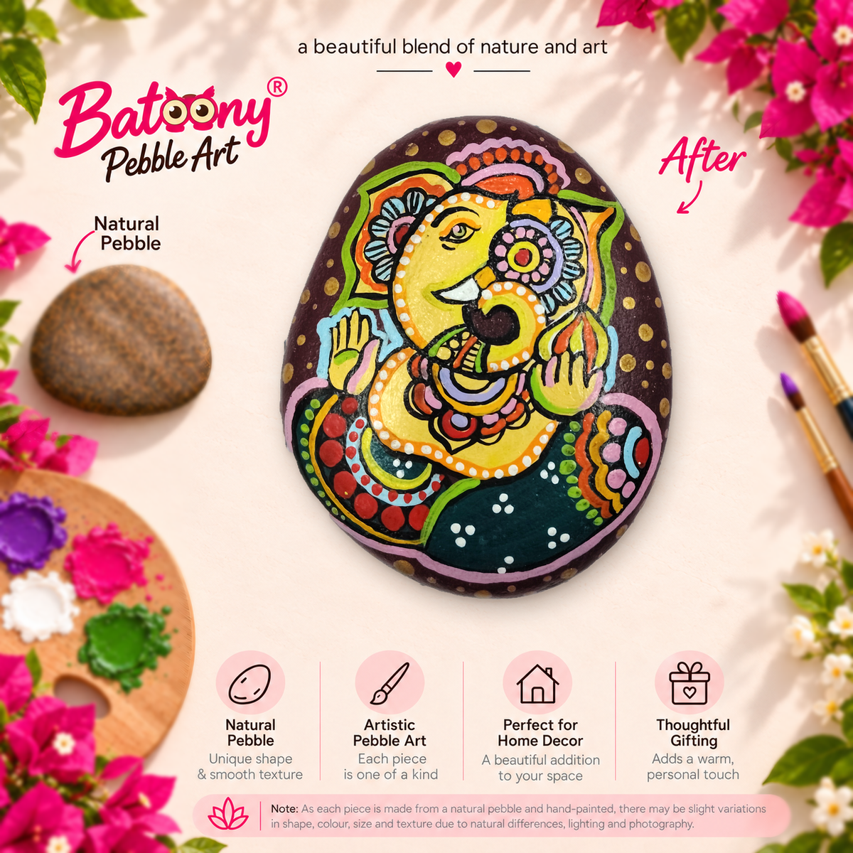 Ganesh: Floral Abundance hand-painted natural pebble art, full product view