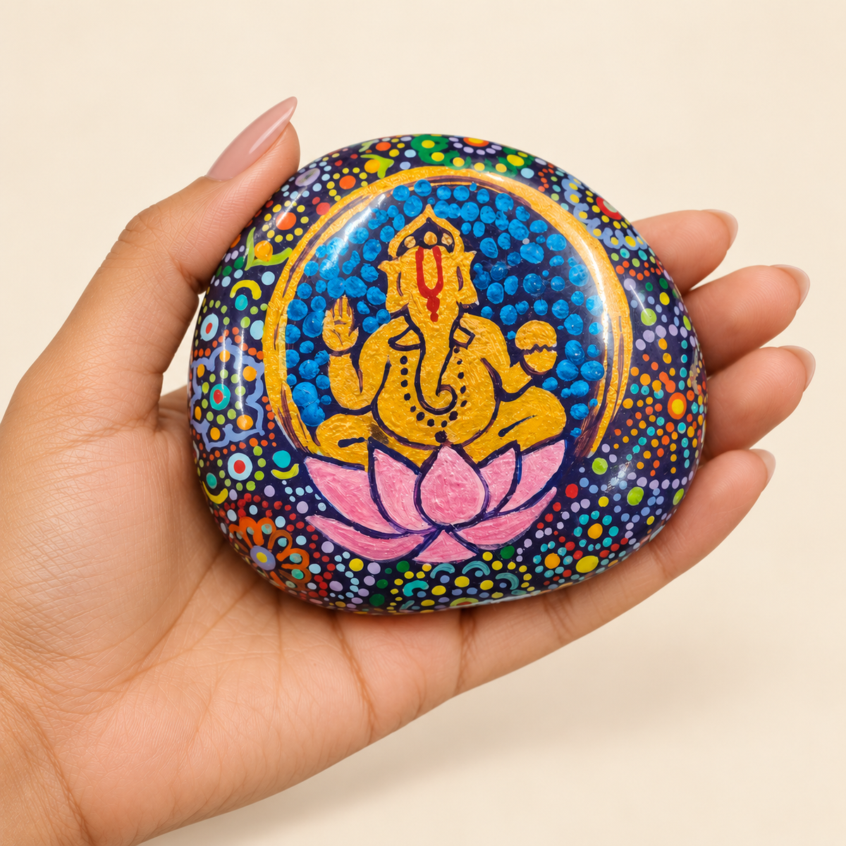 Ganesh: Azure Lotus hand-painted natural pebble art, shown in hand for scale