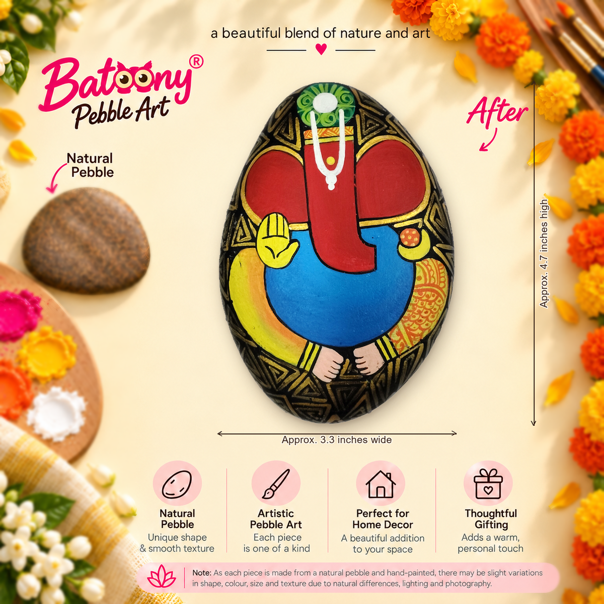 Ganesh: Crimson Blessing hand-painted natural pebble art, full product view