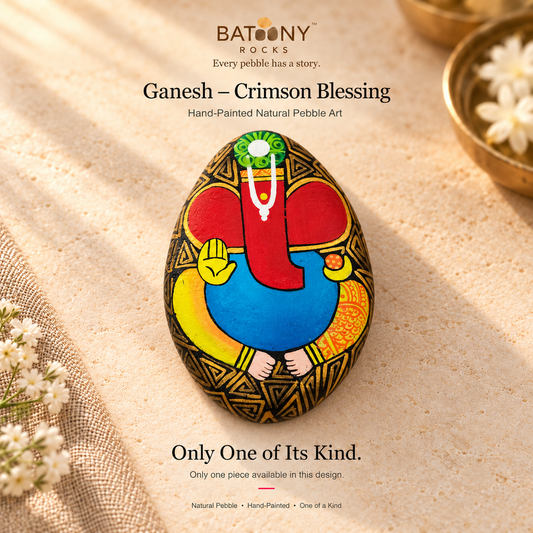Ganesh: Crimson Blessing hand-painted natural pebble art, on a warm stone surface