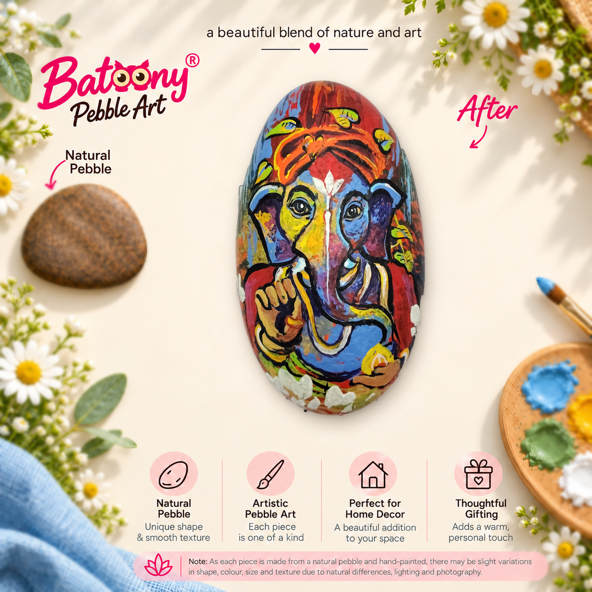 Ganesh: Festival of Colour hand-painted natural pebble art, full product view