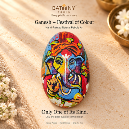Ganesh: Festival of Colour hand-painted natural pebble art, on a warm stone surface