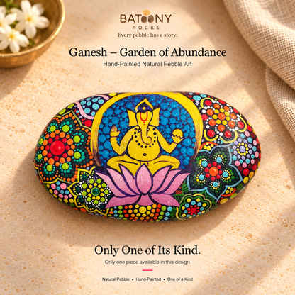Ganesh: Garden of Abundance hand-painted natural pebble art, on a warm stone surface