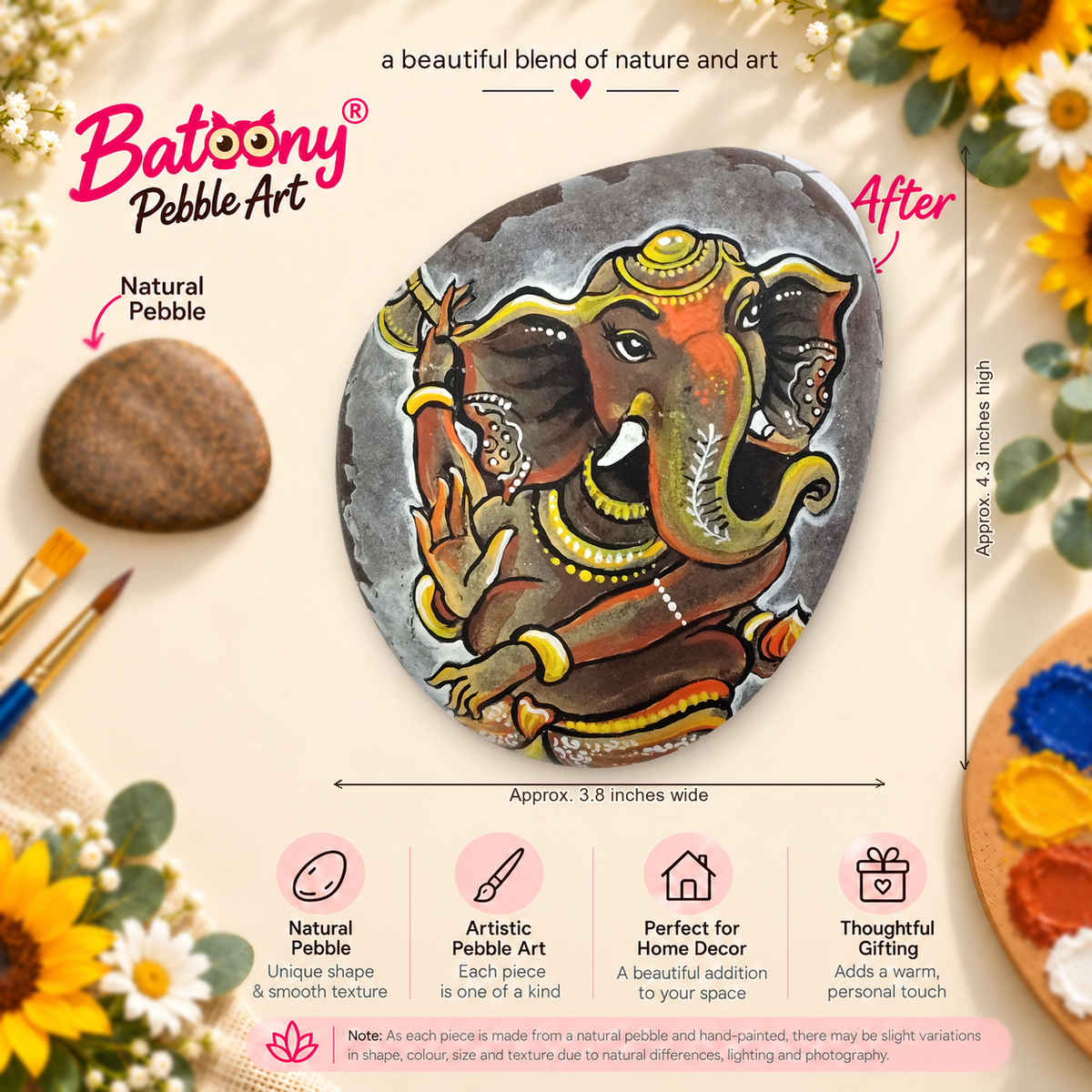 Ganesh: Earthbound Grace hand-painted natural pebble art, full product view
