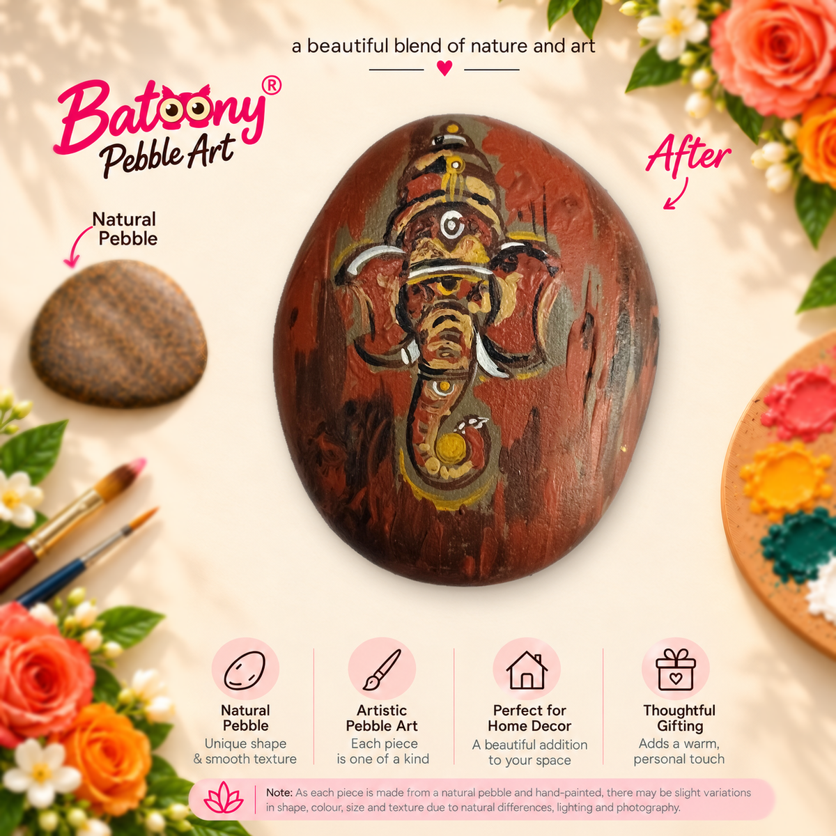 Ganesh: Rustic Devotion hand-painted natural pebble art, full product view
