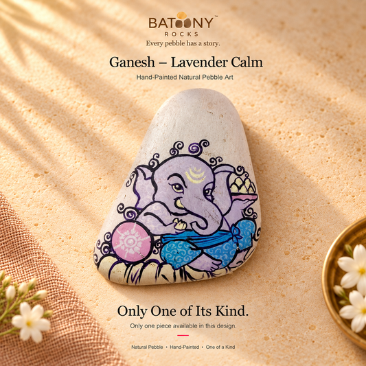Ganesh: Lavender Calm hand-painted natural pebble art, on a warm stone surface