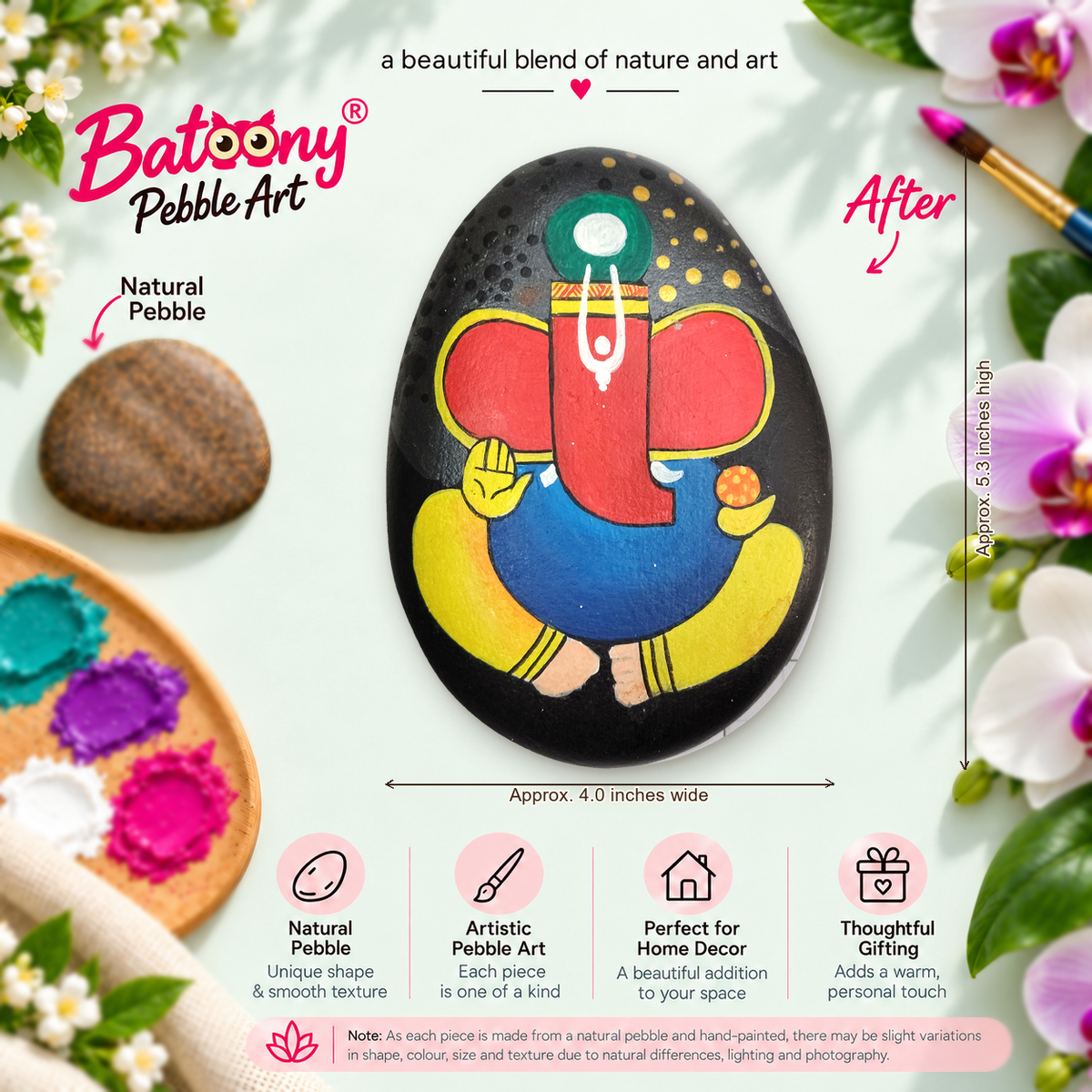 Ganesh: Midnight Blessing hand-painted natural pebble art, full product view