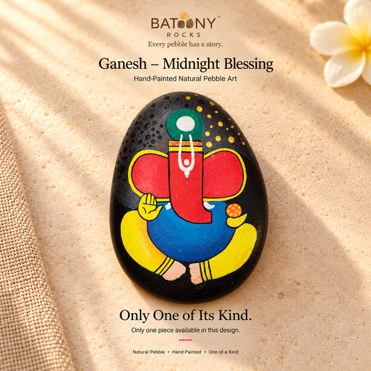 Ganesh: Midnight Blessing hand-painted natural pebble art, on a warm stone surface