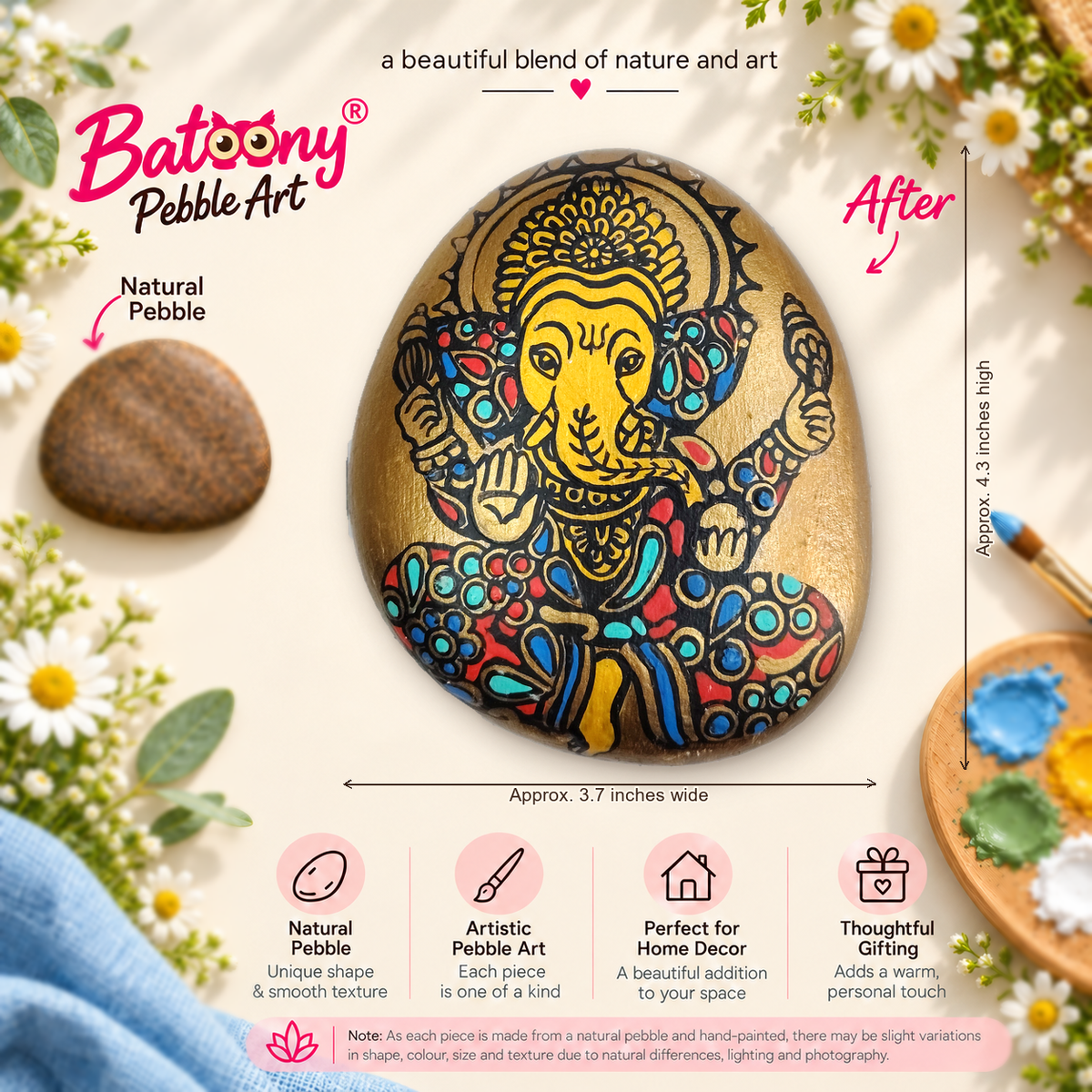 Ganesh: Golden Heritage hand-painted natural pebble art, full product view