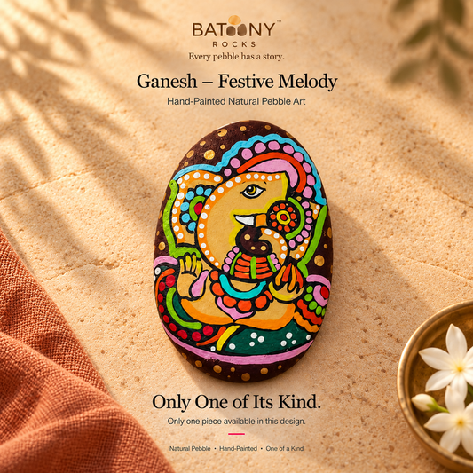 Ganesh: Festive Melody hand-painted natural pebble art, on a warm stone surface