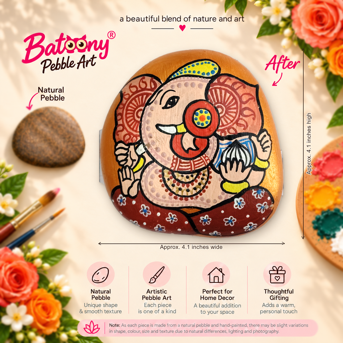 Ganesh: Joyful Marigold hand-painted natural pebble art, full product view