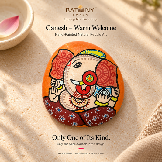 Ganesh: Warm Welcome hand-painted natural pebble art, on a warm stone surface