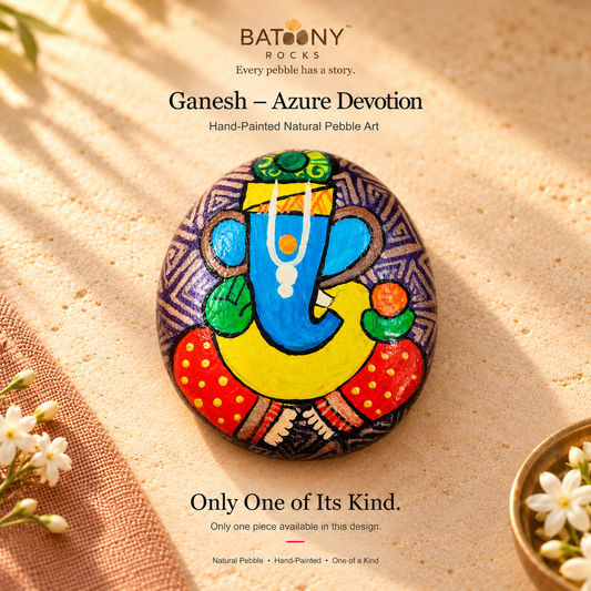 Ganesh: Azure Devotion hand-painted natural pebble art, on a warm stone surface
