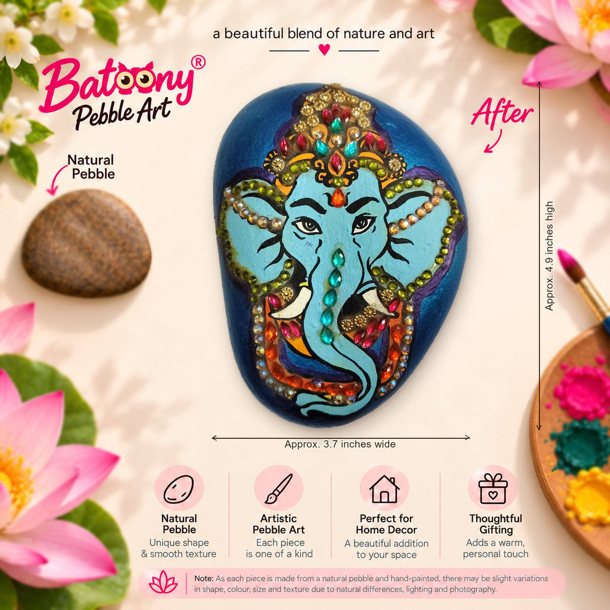 Ganesh: Jewel of Blessings hand-painted natural pebble art, full product view