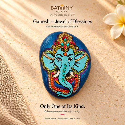Ganesh: Jewel of Blessings hand-painted natural pebble art, on a warm stone surface