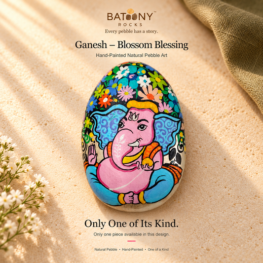 Ganesh: Blossom Blessing hand-painted natural pebble art, on a warm stone surface