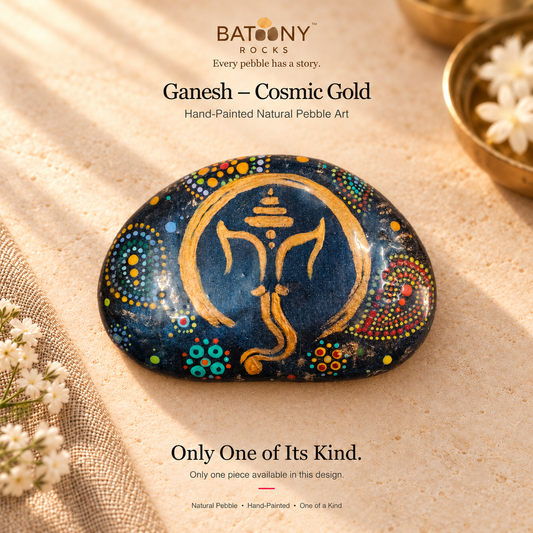 Ganesh: Cosmic Gold hand-painted natural pebble art, on a warm stone surface