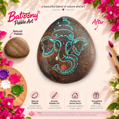 Ganesh: Turquoise Whisper hand-painted natural pebble art, full product view