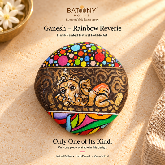 Ganesh: Rainbow Reverie hand-painted natural pebble art, on a warm stone surface