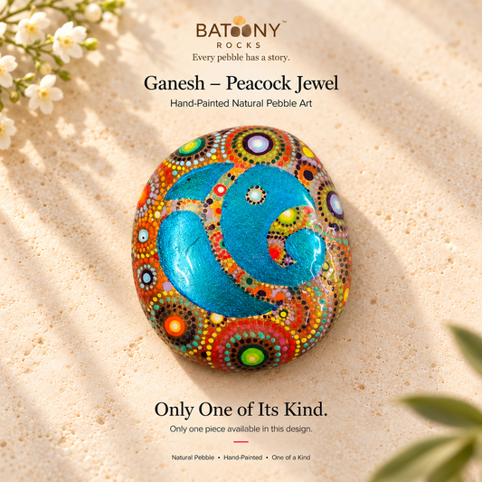 Ganesh: Peacock Jewel hand-painted natural pebble art, on a warm stone surface