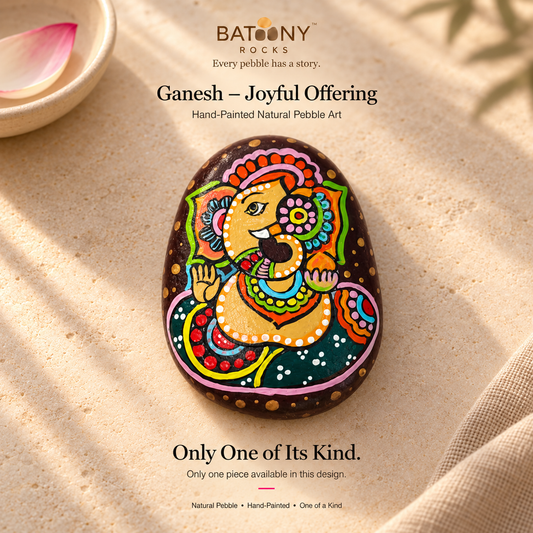 Ganesh: Joyful Offering hand-painted natural pebble art, on a warm stone surface
