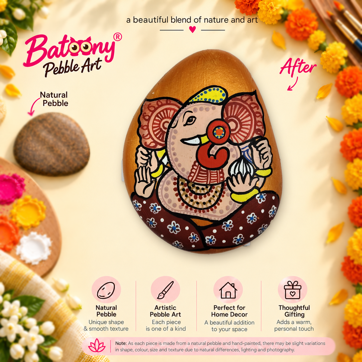 Ganesh: Saffron Smile hand-painted natural pebble art, full product view