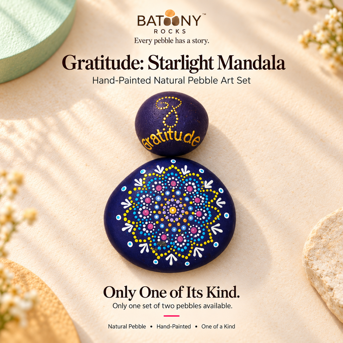 Gratitude: Starlight Mandala: hand-painted pebble art displayed as a complete product