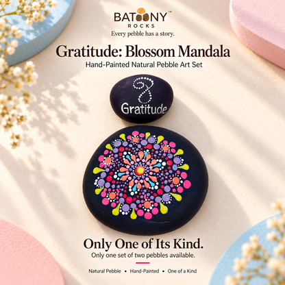 Gratitude: Blossom Mandala: hand-painted pebble art displayed as a complete product