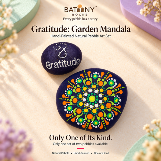 Gratitude: Garden Mandala: hand-painted pebble art displayed as a complete product