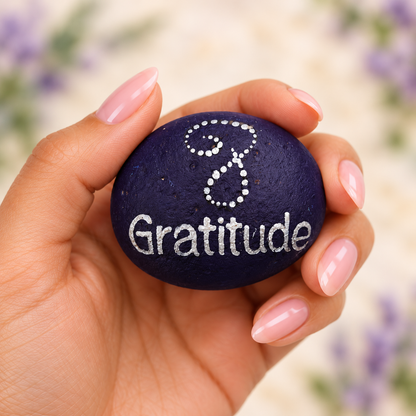 Gratitude: Garden Mandala: selected hand-painted pebble held in hand