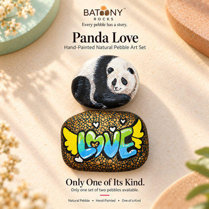 Panda Love: hand-painted pebble art displayed as a complete product
