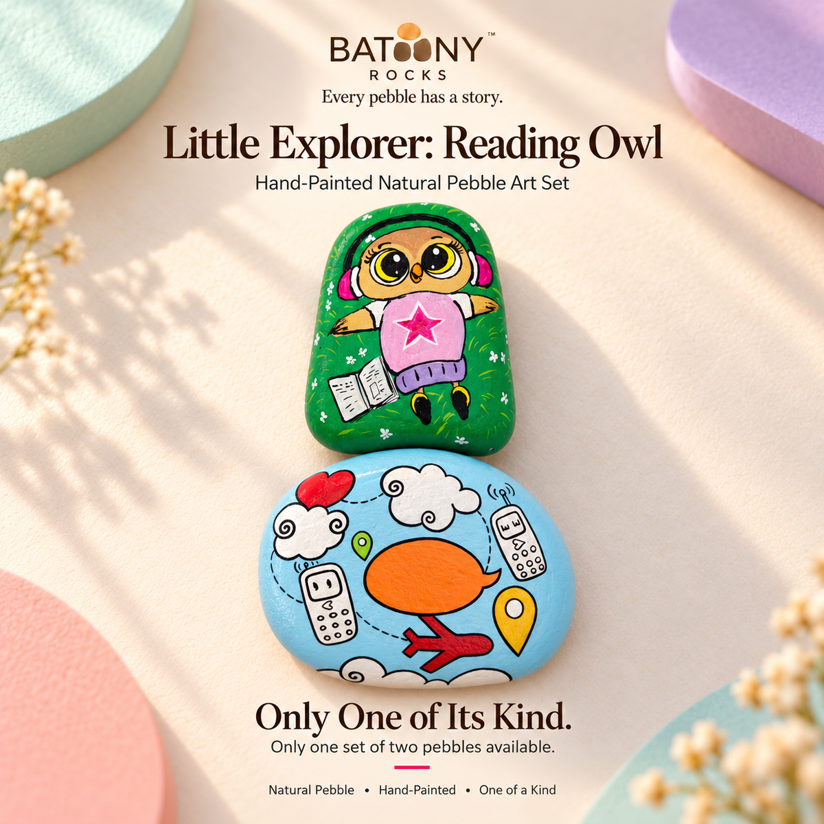 Little Explorer: Reading Owl: hand-painted pebble art displayed as a complete product