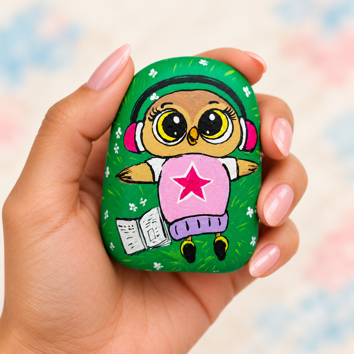 Little Explorer: Reading Owl: selected hand-painted pebble held in hand