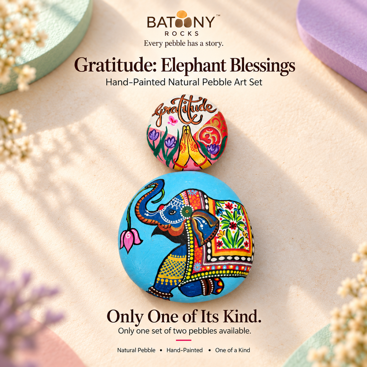 Gratitude: Elephant Blessings: hand-painted pebble art displayed as a complete product