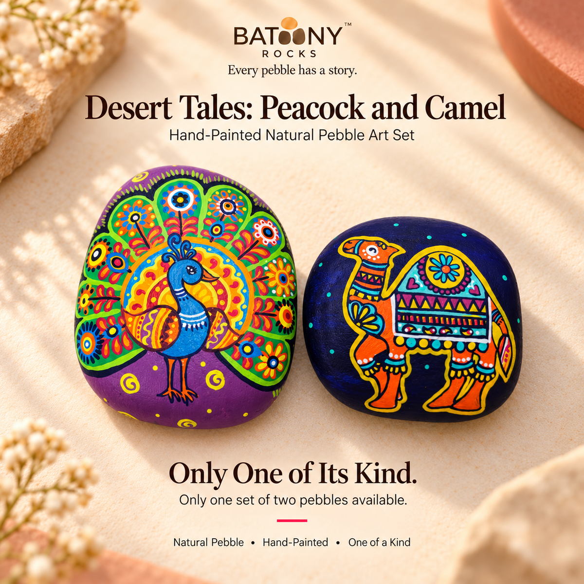 Desert Tales: Peacock and Camel: hand-painted pebble art displayed as a complete product