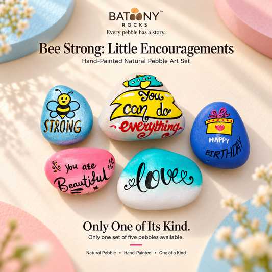 Bee Strong: Little Encouragements: hand-painted pebble art displayed as a complete product