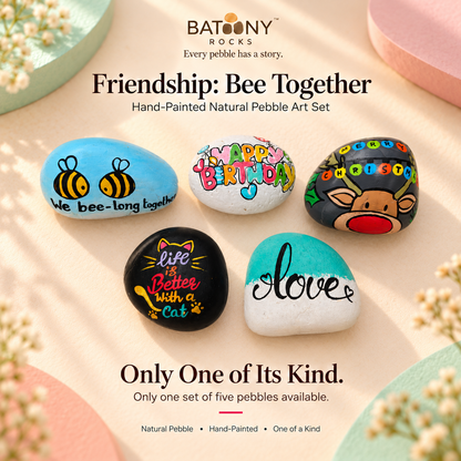 Friendship: Bee Together: hand-painted pebble art displayed as a complete product