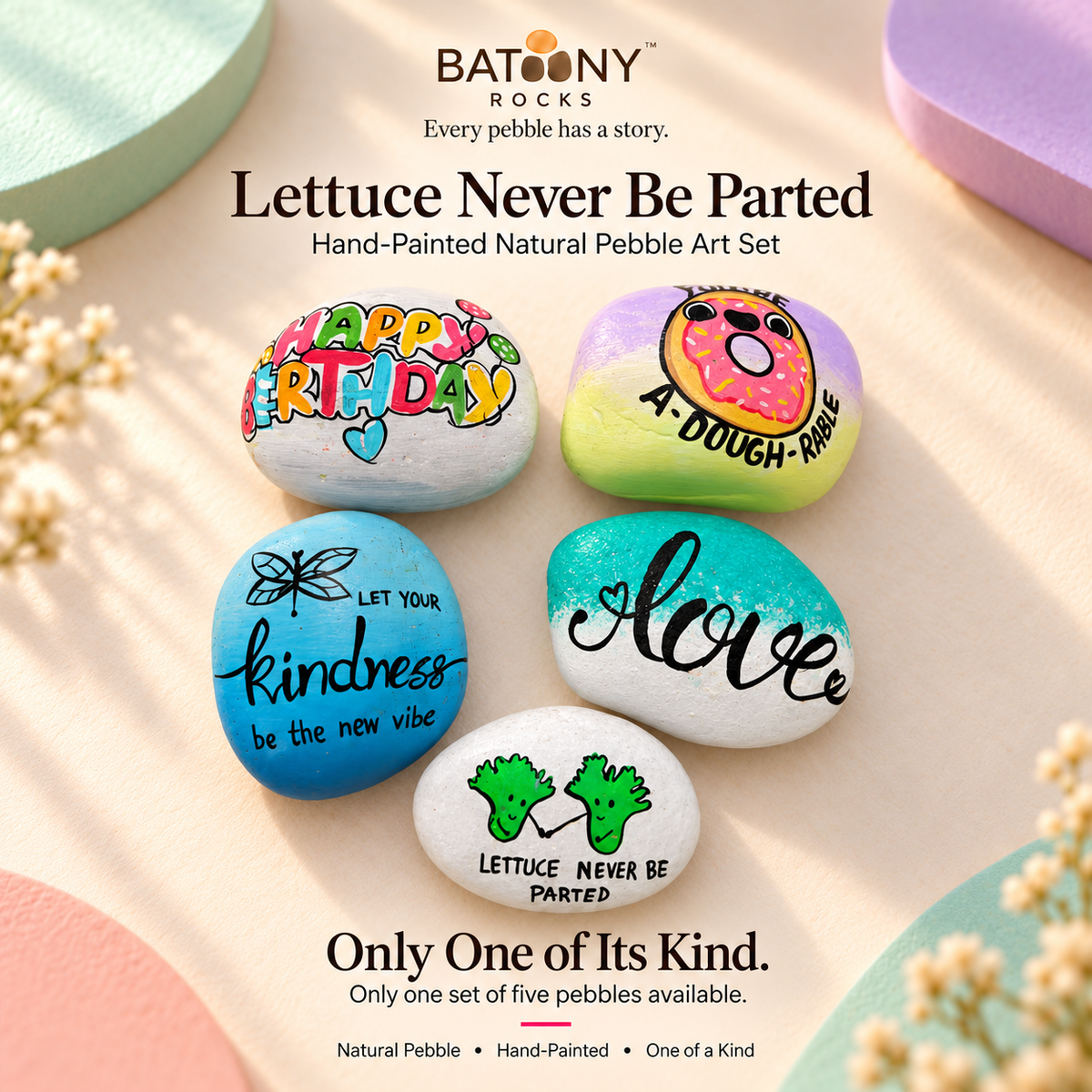 Lettuce Never Be Parted: hand-painted pebble art displayed as a complete product